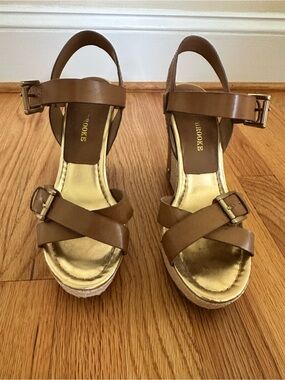 Audrey Brooke Tan Leather Crisscross Wedge Sandals